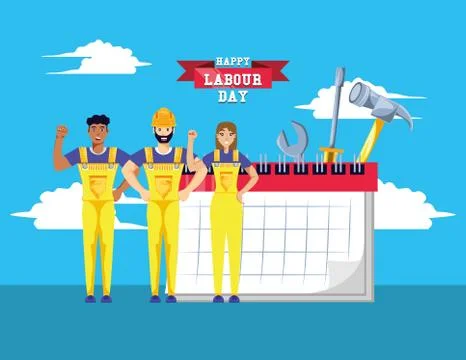 Happy labour day with construction workers Stock Illustration