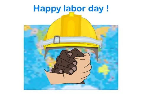 Happy labour day frame with multi ethnic hands, world map and helmet. Stock Illustration