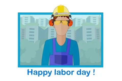 Happy labour day frame with worker and city houses Stock Illustration