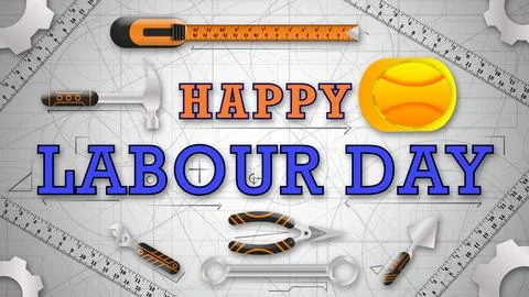 Happy labour day greetings with workers tool and safety halmet on engineeri.. Stock Illustration