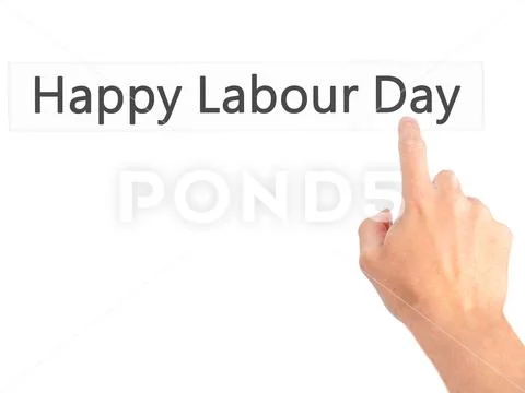 Happy Labour Day - Hand pressing a button on blurred background Stock Photos