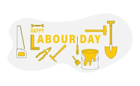 Happy Labour Day poster with different occupational tools such as hand hammer Stock Illustration