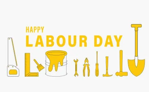 Happy Labour Day poster with different occupational tools such as hand hammer Illustrazione stock