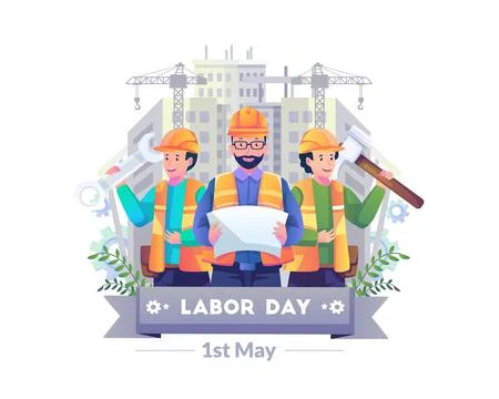 Happy Labour day with three construction workers holding a sketch of a workin Stock Illustration