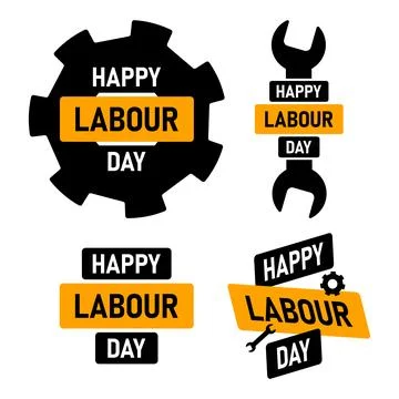 Happy Labour Day vector badges set with industrial tools for greeting cards Stockillustratie
