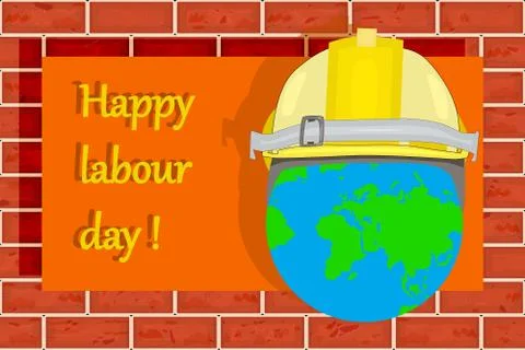 Happy Labour day vector with hands, globe earth and helmet on red brick wall. Stock Illustration