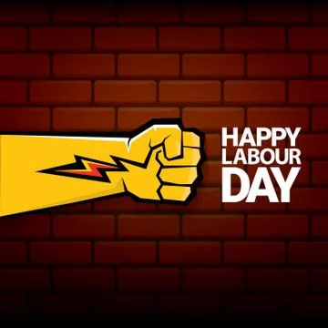 Happy labour day vector label with strong orange fist on red brick wall Stock Illustration