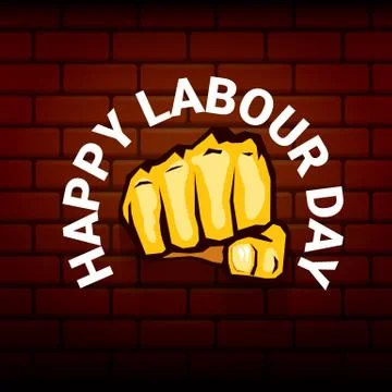 Happy labour day vector label with strong orange fist on red brick wall Stock Illustration