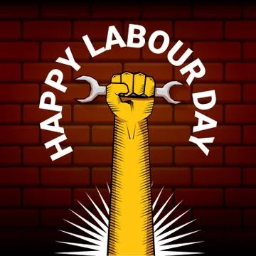 Happy labour day vector label with strong orange fist on red brick wall Stock Illustration