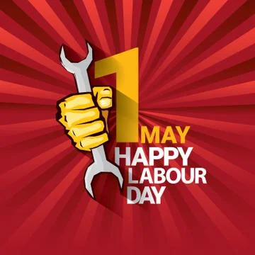 Happy labour day vector label with strong orange fist on red background with Stock Illustration