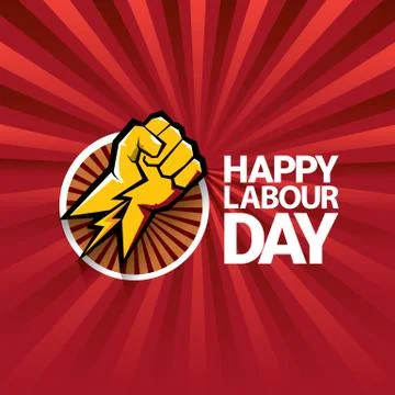 Happy labour day vector label with strong orange fist on red background with Stock Illustration