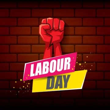 Happy labour day vector label with strong orange fist on red brick wall Stock Illustration