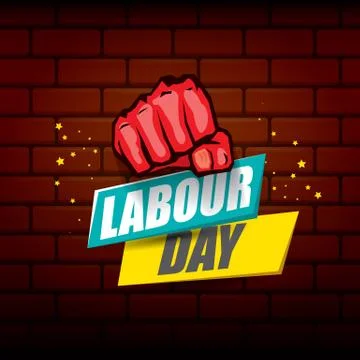 Happy labour day vector label with strong orange fist on red brick wall Stock Illustration