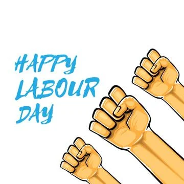 Happy labour day vector label with strong orange fist isolated on white Stock Illustration