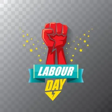 Happy labour day vector label with strong orange fist on transparent background Stock Illustration