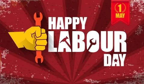 Happy labour day vector label with strong orange fist isolated on red rays Stock Illustration