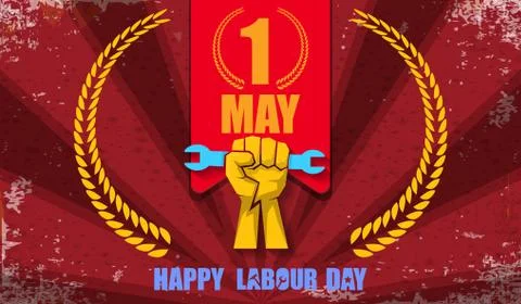 Happy labour day vector label with strong orange fist isolated on red rays Illustrazione stock