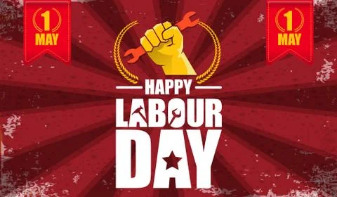 Happy labour day vector label with strong orange fist isolated on red rays Illustrazione stock