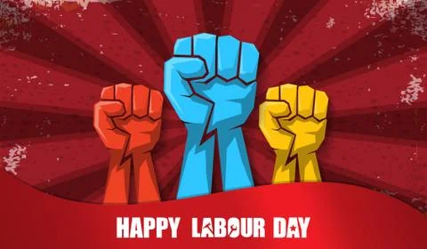 Happy labour day vector label with strong orange fist isolated on red rays Illustrazione stock