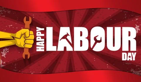 Happy labour day vector label with strong orange fist isolated on red rays 스톡 일러스트