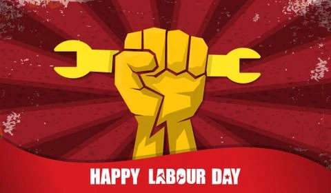 Happy labour day vector label with strong orange fist isolated on red rays Stock Illustration