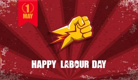 Happy labour day vector label with strong orange fist isolated on red rays 스톡 일러스트