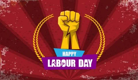 Happy labour day vector label with strong orange fist isolated on red rays 스톡 일러스트