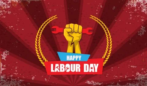 Happy labour day vector label with strong orange fist isolated on red rays Stock Illustration