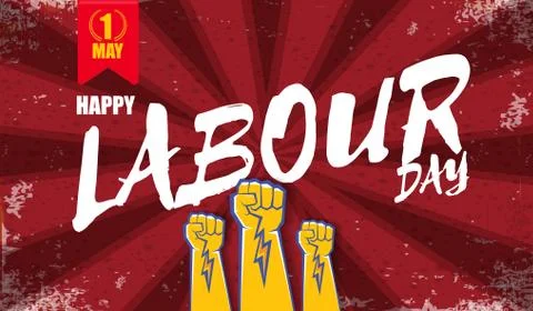 Happy labour day vector label with strong orange fist isolated on red rays 스톡 일러스트