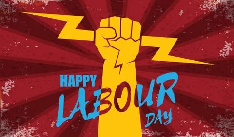 Happy labour day vector label with strong orange fist isolated on red rays Stock Illustration