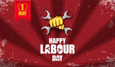 Happy labour day vector label with strong orange fist isolated on red rays 스톡 일러스트
