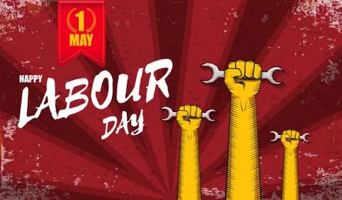 Happy labour day vector label with strong orange fist isolated on red rays 스톡 일러스트