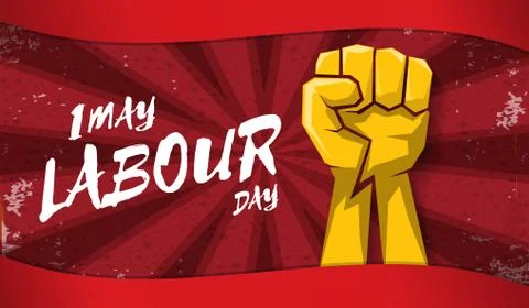 Happy labour day vector label with strong orange fist isolated on red rays Stock Illustration