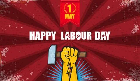 Happy labour day vector label with strong orange fist isolated on red rays Stock Illustration