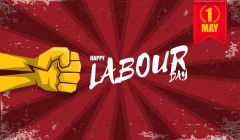 Happy labour day vector label with strong orange fist isolated on red rays Illustrazione stock