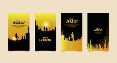 Happy Labour Day Vector with silhouette of workers and factory. Stock Illustration
