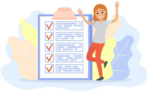 Happy lady checking on daily plan. Businesswoman dancing near completed tasks on Stock Illustration