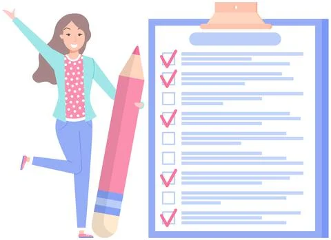Happy lady works with to do plan. Positive woman with pencils near marked Stock Illustration