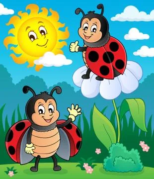 Happy ladybugs on meadow image 库存插图