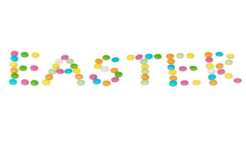 Happy letters easter, colored candys isolated on white background Stock Photos