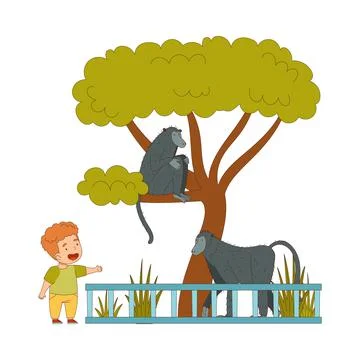 Happy Little Boy Looking at Monkey Behind Enclosure at Zoo Vector Illustration Stock Illustration
