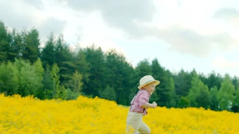 Happy little boy in straw hat running at the flowering glade Stock Footage 78894037
