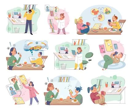 Happy little kid using tablet vector set, child watching smartphone while eating Stock Illustration