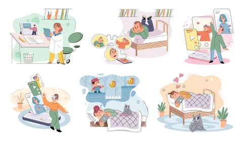 Happy little kid using tablet vector set, child watching smartphone while eating Stock Illustration