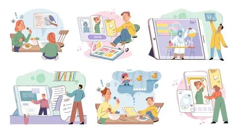 Happy little kid using tablet vector set, child watching smartphone while eating Stock Illustration