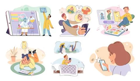 Happy little kid using tablet vector set, child watching smartphone while eating Stock Illustration