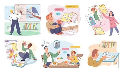 Happy little kid using tablet vector set, child watching smartphone while eating Stock Illustration