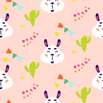 Happy llama smiling kid vector seamless repeat pattern with cacti. 스톡 일러스트