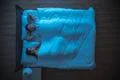 The happy lovers sleeping on the bed. evening night time. view from above Photo