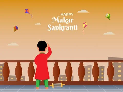 Happy Makar Sankranti Poster with Back View of Boy Flying Kite on Roof Illu.. Ilustración de archivo